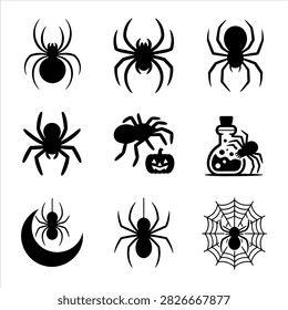Nine black spider icons with moon jackolantern potion and web designs