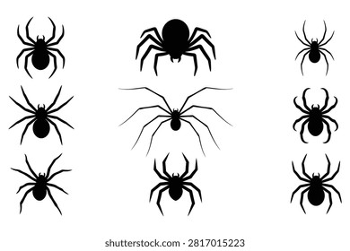 Nine black spider icons shown in different orientations and web designs on transparent background
