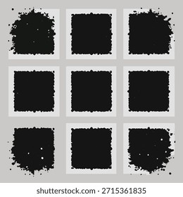 Nueve Formas cuadradas negras con bordes irregulares salpicados sobre un fondo gris claro cuadrados grunge
