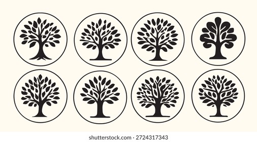 Nove Ícones de Árvore Preta Elementos de Design Circular Definir Símbolos de Natureza círculo branco