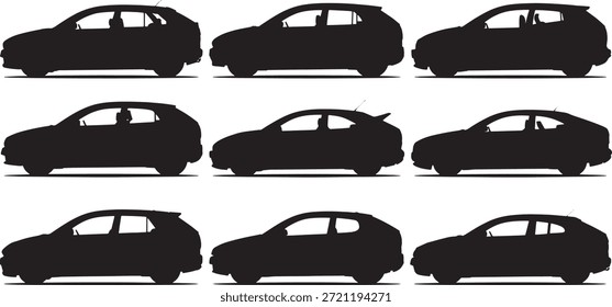 Nueve Colección de Perfil lateral de coches Hatchback de silueta de Vector negro