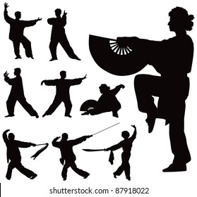 Nine black vector silhouettes of people practicing Tai Chi