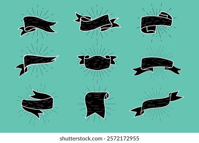 Nine black vintage ribbons on a teal background. Each ribbon is unique, with different shapes and styles. Vintage ribbons for design and decoration. Ribbon banner vector set.