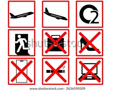 Nine black warning icons with red frames, including take off, landing, no smoking, and no laptops. Ideal for safety signs, travel rules, or general symbols.