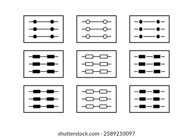 Nine black and white adjustable control panel icons.