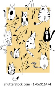 nine black and white cats surrounded by twigs on a pale orange background