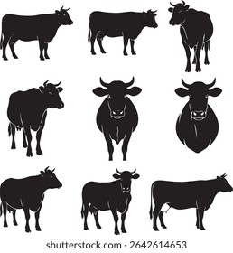 Nine Black and White Cow Silhouettes in Farm Animal Line Art Style for Agricultural and Dairy Industry Icon Collection