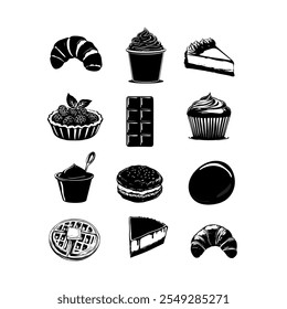 Nine black and white dessert illustrations featuring various sweet treats on plates and cups