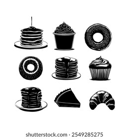 Nine black and white dessert illustrations featuring various sweet treats on plates and cups