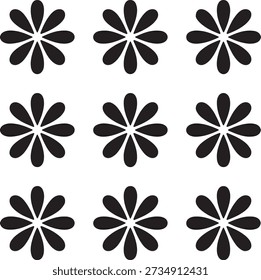 Nove padrões florais em preto e branco dispostos em pétalas de grade