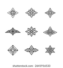 Nine black and white geometric star flower designs on white.