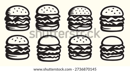Nine Black and White Hand Drawn Burger Illustrations Triple Decker Cheeseburger Menu Design