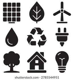 Nine black and white icons representing renewable energy and ecofriendly living concepts