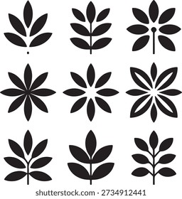 Neun schwarz-weiße Blatt- und Blumenmuster in einem 3x3-Raster