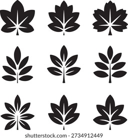 Neun schwarz-weiße Blatt in drei Reihen von drei Blättern Silhouette
