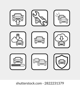 Nine black and white line art icons representing car services and features