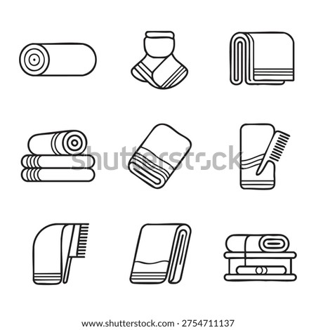 Nine black and white line featuring rolled towels and hairbrushes arranged neatly on a plain background. The depict various arrangements of towels and hairbrushes, emphasizing simplicity and.........