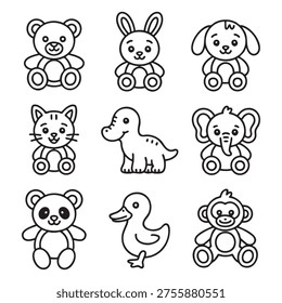 Nine black and white line of stuffed animals and toys line stuffed animals teddy bear.