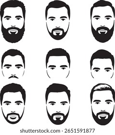 Nine black and white male face silhouettes showcasing various hairstyles and beard styles. Simple, minimalist style.