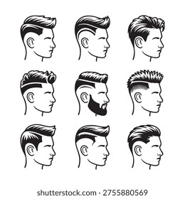 Nine black and white of men with different hairstyles and facial hair side profile.