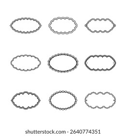 Nine black and white oval frames with various scalloped edges.