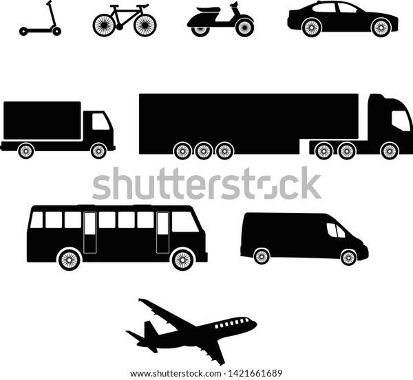 Nine\
black and white pack different types of\
vehicles.