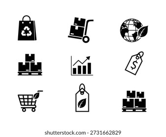 Nine black and white representing various shopping, logistics, and business concepts flat vector icon set include a shopping bag with a recycling symbol, a dolly with boxes, a globe with a leaf, stacked boxes, isolated on a white background.