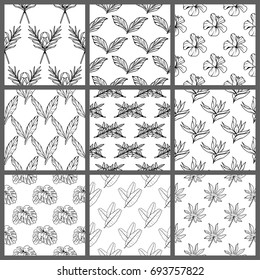 Nine Black and White Seamless Tropical Leaves Floral Vector Pattern Background Wallpaper Design