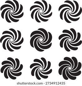 Neun schwarz-weiße Spiralmuster in einem 3x3 Gitterabstrakt angeordnet