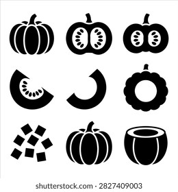 Nine black and white vector icons showing pumpkins gourds with seeds and slices