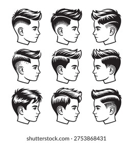 Nine black and white of young men with different hairstyles from side view