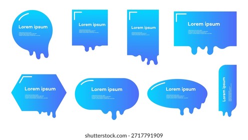 Nueve Formas de gradiente azul y cian con efectos de goteo líquido, con texto ipsum de Lorem. Ideal para sellos modernos, Anuncios y Elementos de diseño abstractos.