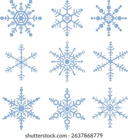 Nine blue snowflakes on white background.