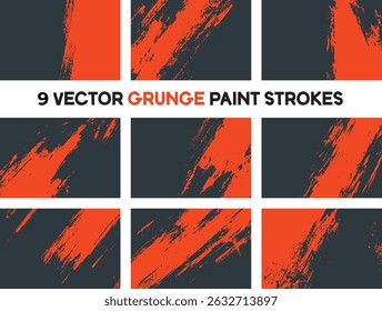 Nove traços de tinta grunge em laranja e carvão escuro, perfeito para fundos, texturas e design gráfico.