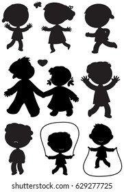 Nine boys and girls black vector silhouettes