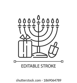 Neun Zweige menorah lineares Symbol. Symbol des Judentums. Hanukka Feier. Candelabrum mit 9 Ständen. Dünne, anpassbare Illustration. Contour-Symbol. Vektor-einzelne Rahmenzeichnung. Bearbeitbarer Hub