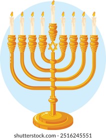 Nine Branched Golden Candelabrum with David Star Design and Lit Candles. Hanukkah Menorah Vector Art 