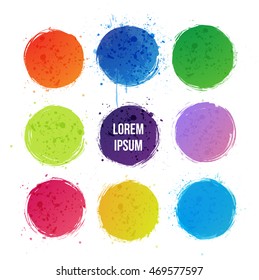 Nine bright grunge circles with splashes on white background. Place for your text. Vector illustration.