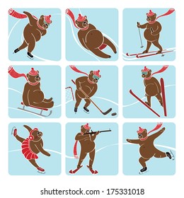 Nine brown bear plays a winter sport : sprint,Luge,skis,sledges,ice hockey,ski jumping,figure skating,biathlon. Screensavers,icons.Humorous illustration.