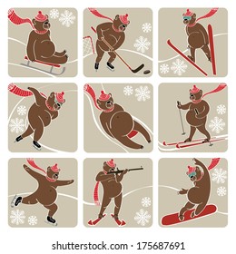 Nine brown bear plays a winter sport : sprint,Luge,skis,sledges,ice hockey,ski jumping,figure skating,biathlon,skateboard. Screensavers,icons.Winter sports.Vector humorous illustration.