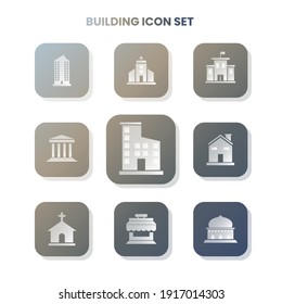 Nine BUILDING icons in one set with white color on gradient and white background. Vector illustration