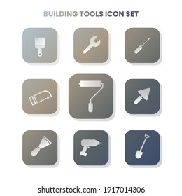 Nine BUILDING TOOL icons in one set with white color on gradient and white background. Vector illustration