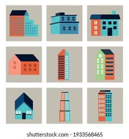 nine buildings city minimal icons