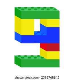 Nine built from colorful plastic building blocks. 9 from plastic constructor. Vector illustration. EPS 10.