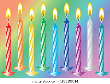 Nine burning birthday candles painted in rainbow colors. Vector drawing for design. 