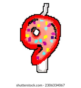 nine cake birthday number candle game pixel art retro vector. bit nine cake birthday number candle. old vintage illustration