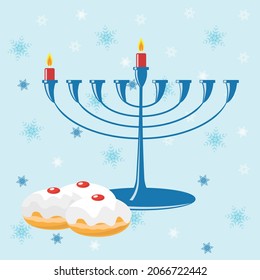 Nine candleholders blue Hannukia with Shamash red candle, three traditional jewish doughnuts with red strawberry jam and white frosting and blue shaded snowflackes on a light blue background vector. 