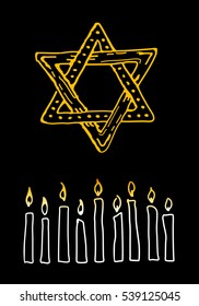 Nine candles and Star of David on a dark background for Hanukkah Chanukah. Greeting card for traditional jewish holiday Festival of Lights, Feast of Dedication