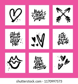 Nine cards with anti valentine quotes for single people drawn by ink and brush