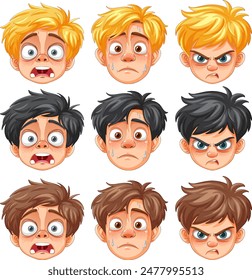 Nueve niños de dibujos animados mostrando diferentes expresiones faciales